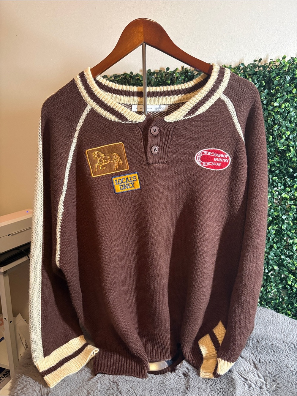 Altar'd State Brown Patchwork Crewneck Sweater Size Large
